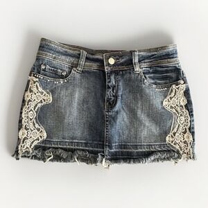 Women's Denim Micro Mini Skirt Size 7 Distressed Lace Y2K‎ Grunge 90s Low Rise